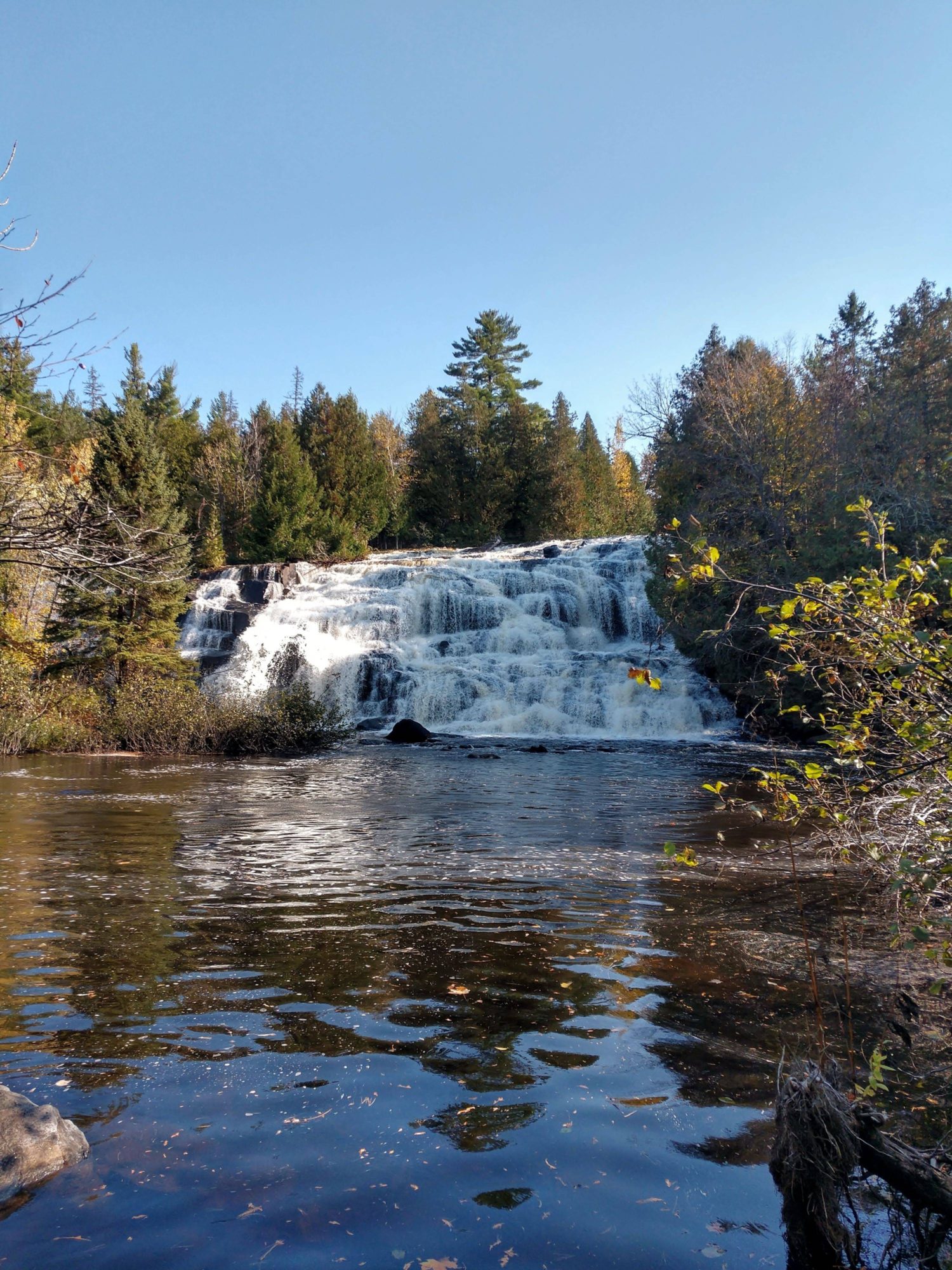 Scenic forest waterfall in bright daylight