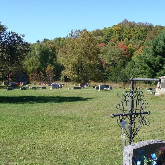 Sunny cemetery with autumn trees and green grass.